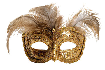 Ornate golden mask with large, light brown feathers