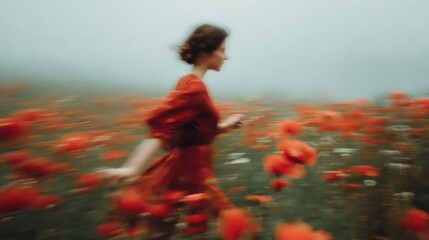 Naklejka premium Woman in red dress running in a blurry field of bright poppies. Feel freedom and joy concept. Free movement and nature. Happy girl enjoy summer. Floral scent, flowers perfume.