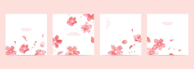 水彩画。水彩タッチの桜ポストカードテンプレート。桜のベクターイラスト。Watercolor painting. Watercolor cherry blossom postcard template. Cherry blossom vector illustration.