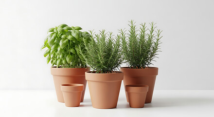 Fototapeta premium A collection of potted culinary herbs including vibrant basil and fragrant rosemary displayed in simple terracotta containers representing fresh kitchen gardening concepts.