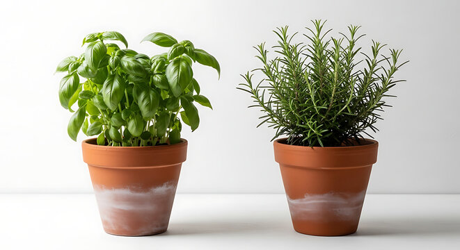 Vibrant fresh basil herb plant thriving next to aromatic rosemary greenery growing in traditional terracotta clay pots showcasing culinary garden essentials for cooking.