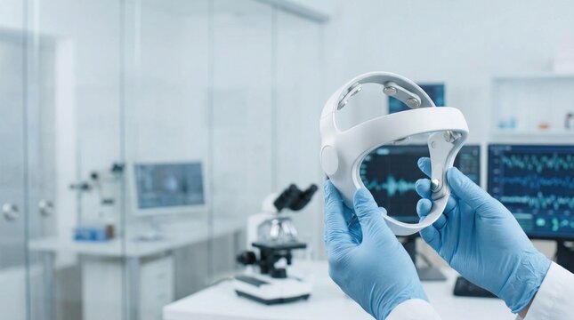Medical research scientist analyzing brainwave monitoring headset with laboratory gloves while examining real time neurotechnology interface for cognitive optimization results