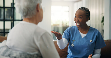 Obraz premium Caregiver, smile and old woman in house with consultation, advice and communication in assisted living. Guidance, client and nurse in home with elderly patient, checkup and help in retirement care.