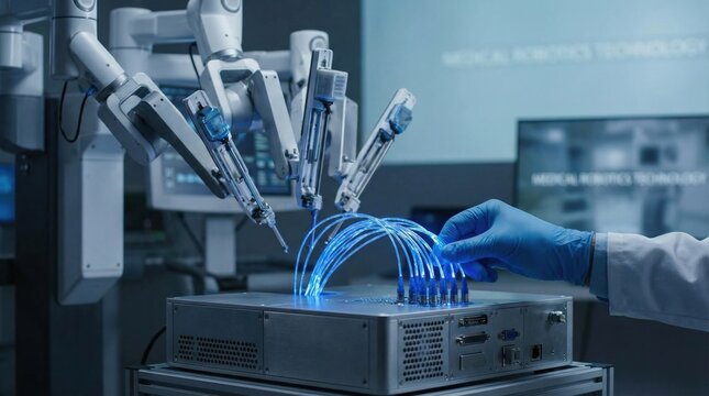 Medical robotic surgery system calibration with fiber optic cables connected by technician in laboratory setting for optimized precision healthcare infrastructure development