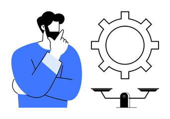 Obraz premium Decision making, problem solving, process optimization, critical thinking, productivity strategies, balance. Man thinking beside gear and scale. Decision making and problem solving concept
