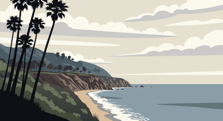 Coastal California Landscape vector illustration with palm trees and ocean waves, a scenic beach view © PDWN Creative