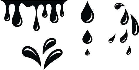 Black liquid drips and droplets set in silhouette style. Abstract fluid splash and falling drop elements for creative design use. Isolated ink and paint shapes for modern graphic projects. 