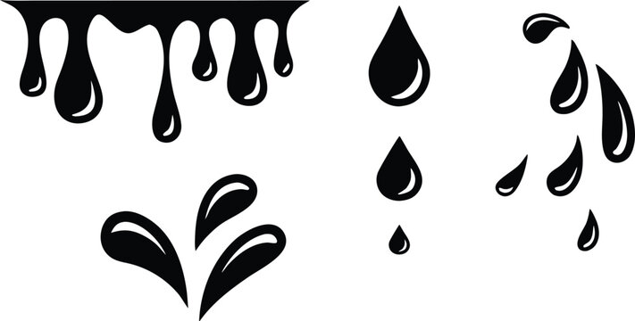 Black liquid drips and droplets set in silhouette style. Abstract fluid splash and falling drop elements for creative design use. Isolated ink and paint shapes for modern graphic projects. 