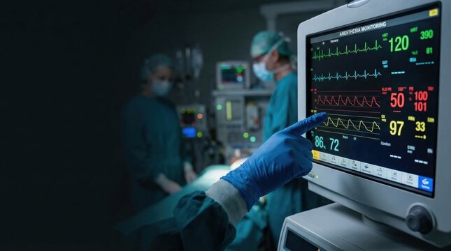 Surgeon Utilizing Real Time Vital Signs Data Analytics via Medical Monitoring Interface for Improved Patient Care Optimization in Modern Surgical Operating Theater Environment