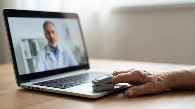 Elderly patient monitoring blood oxygen with pulse oximeter using laptop telemedicine platform for remote health analytics and digital medical consultation efficiency