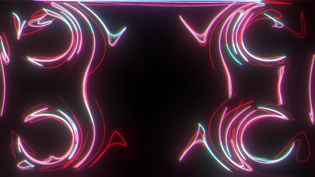 Flow pink white neon light glowing curved lines bright strokes dark background contrast looping light paths filling frame forming abstract neon line background readable as flowing light drawing