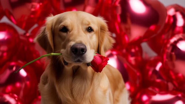 A golden retriever holds a red rose before shiny foil heart balloons, looking at camera with soulful eyes, concept of classic romance and devoted love