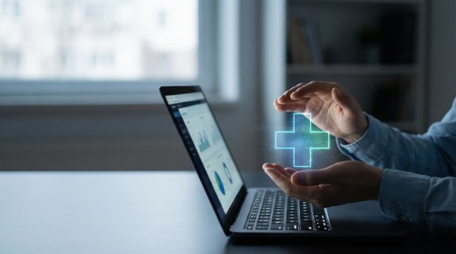 Digital healthcare optimization with holographic medical cross symbol, advanced analytics dashboard on laptop, promoting data-driven medical solutions in modern technology infrastructure