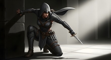 Agile medieval assassin performing dynamic combat move with sword in dark cinematic scene