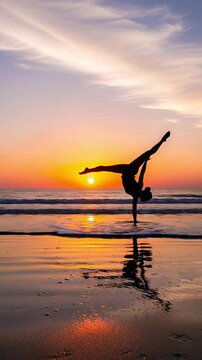 Silhouette of a young athletic woman performing a one-handed handstand with split legs on a sandy beach at sunset with ocean waves and reflection in the water.
