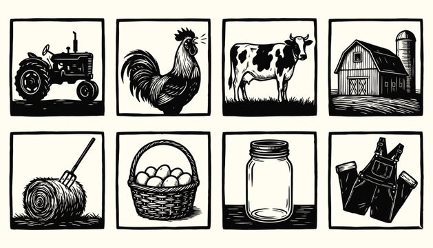 Vintage Woodcut Farm Icons Set - Rustic Agriculture Engravings Collection