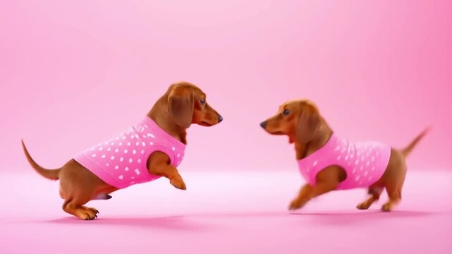 Two dachshunds in pink heart sweaters dance a bouncy jig on a solid pink background with playful excitement, concept of energetic valentine celebration