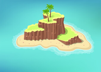 Isometric Tropical Island with Rock Cliffs, Palm Trees, and Sandy Beach