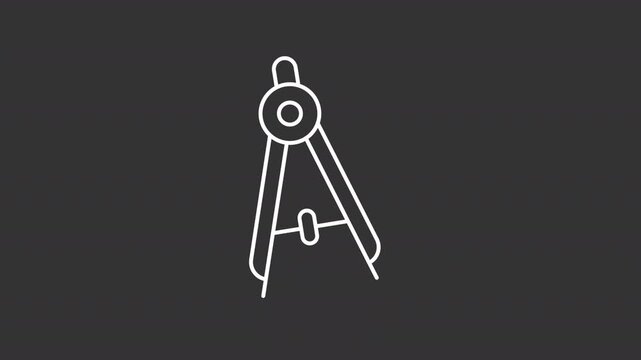 Animated geometry compass white line icon. Professional drawing tool animation. Round shapes creating instrument. Education essentials. Isolated element on dark background. Alpha transparent video