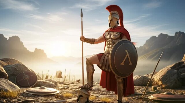 Spartan warrior with shield and spear standing on battlefield at sunrise, ancient soldier in battle armor for historical war concept
