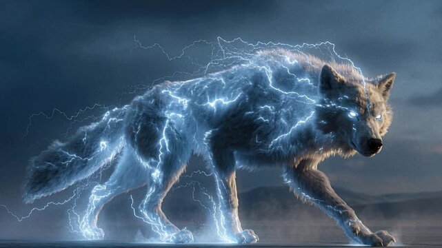 Ethereereal wolf on rocky terrain under cloudy sky, emitting blue light, contrasting dark silhouette, sparks and lightning, fantasy art style - AI-Generated