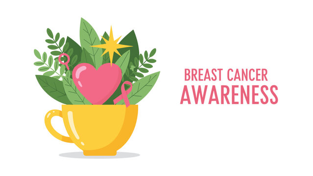 Bright yellow coffee cup is overflowing with lush green leaves, a pink heart, and a small awareness ribbon symbol.