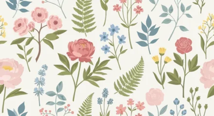 Fotobehang Tropische Bladeren Delicate floral pattern with various blooming flowers and green leaves.  © Sosi