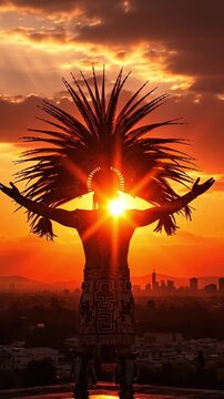 Silhouette of an Aztec Warrior with a Feathered Headdress Standing on a Pyramid at Sunset Overlooking a Modern City Skyline