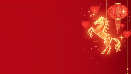 Valentine Chinese New Year Fire Horse Red Background with Copy Space