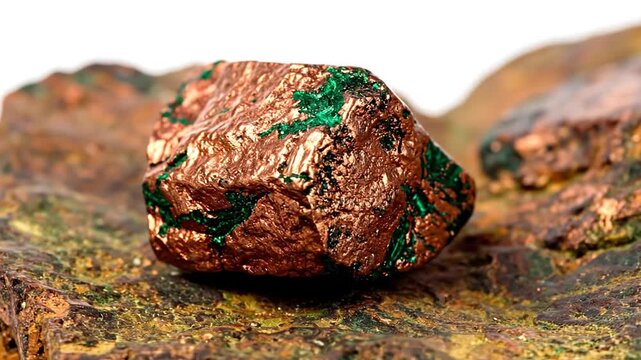 A close-up view presents a unique stone with a mix of earthy tones and patches of vibrant green