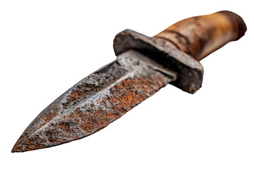 Close-up of a rusty dagger with a wooden handle.  The blade is deeply pitted with rust, and the handle shows signs of age