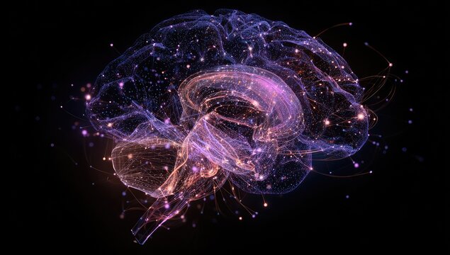 A side-view rendering of a human brain with glowing neural networks