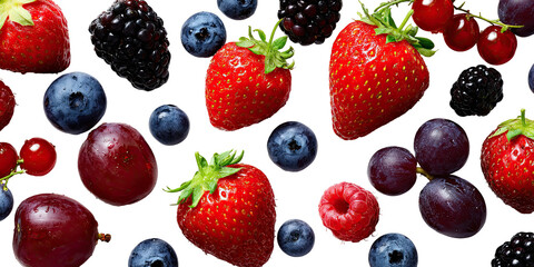 Assorted fresh berries and grapes against a black backdrop