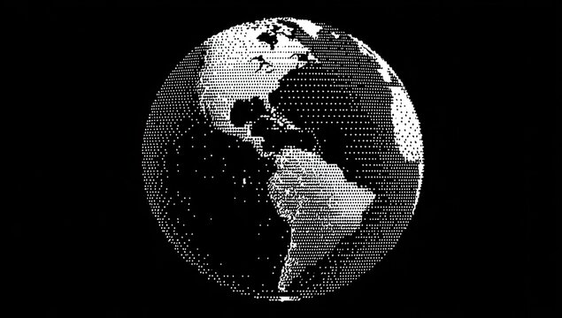 Pixelated globe in grayscale, highlighting North and South America, isolated on a black background