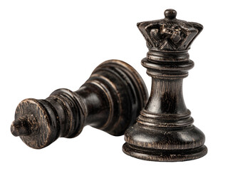 Two dark wooden chess queens facing each other, close-up