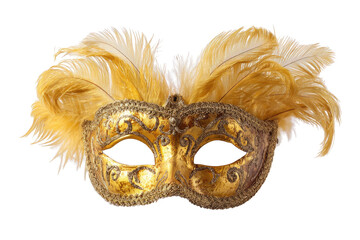Golden Venetian mask with ornate details and large, light yellow feathers