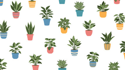 Repeated pattern of various small green houseplants in colorful pots including stripes and dots on a crisp white background.