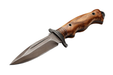 Sharp, fixed-blade knife with wood handle.  Dark metal blade, light brown wood grip.  High-quality craftsmanship.  Isolated against black