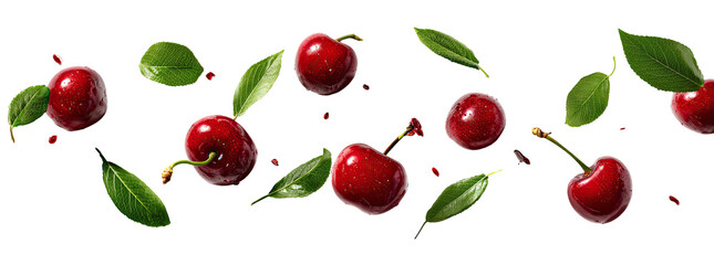 Cherries and leaves in motion against black background.  Red cherries with green leaves, appear to be floating or falling