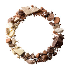 Circle made of broken pieces of white, milk, and dark chocolate on black