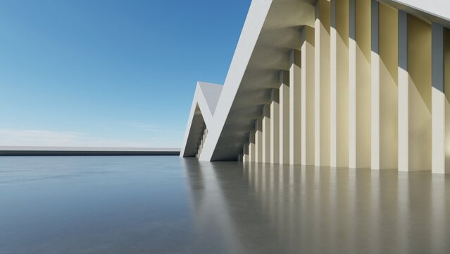 Abstract architecture background, White Concrete Wall  on empty concrete floor, Modern Exterior Entrance, Scene for car presentation, 3D rendering