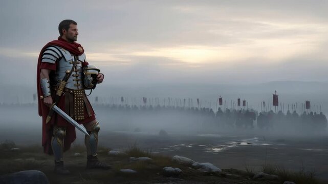 Roman centurion on battlefield watching marching army in misty landscape. Historical war scene for military history content.