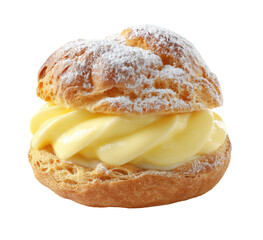 Cream puff dusted with powdered sugar, filled with yellow custard