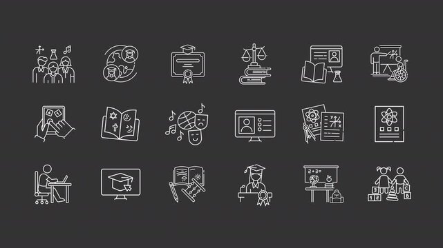 Animated education system white white line icons. Learning process improvement animation set. Skills and knowledge development. Schooling. Isolated elements on dark background. Alpha channel HD video