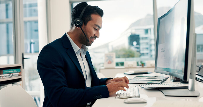 Happy, businessman and agent typing with headset in office for virtual assistance or web support. Man, employee or consultant talking with mic on computer for CRM, online advice or customer service
