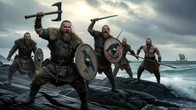 Group of viking men standing on rugged rocks with an axe and shield as they march across battlefield beside ocean