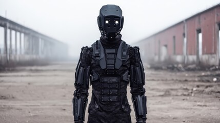 Naklejka premium A futuristic black robotic figure stands in an industrial setting, surrounded by fog and abandoned structures, conveying a sense of mystery and technology.