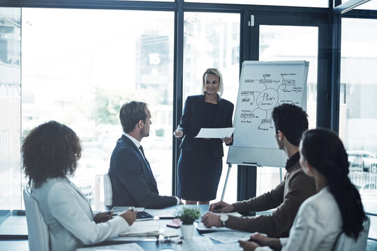 Business woman, presentation or meeting with team on whiteboard for mindmap strategy or planning. Female person, speech or discussion with group for company overview, tasks or agenda in workplace
