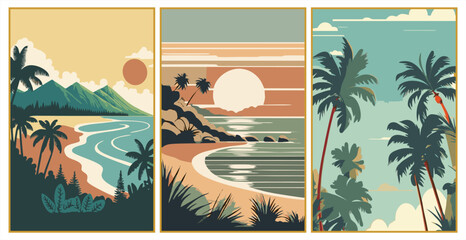 Vintage retro beach landscape triptych with tropical palm trees and ocean sunset in muted summer tones © hadi