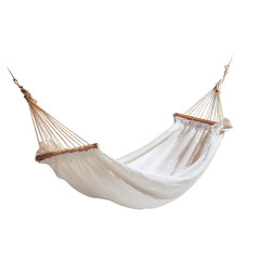 Cream-colored hammock with rope suspension, wooden supports, isolated